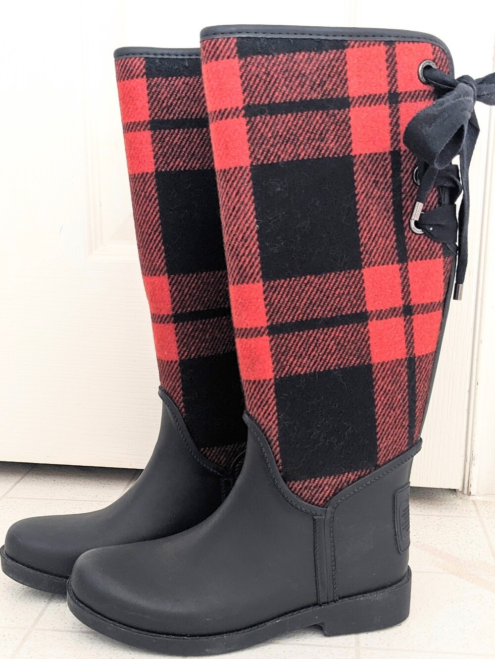 Coach Tristee Plaid Tall Rain Boots Red Black Buffalo Plaid Tartan Fleece Lined